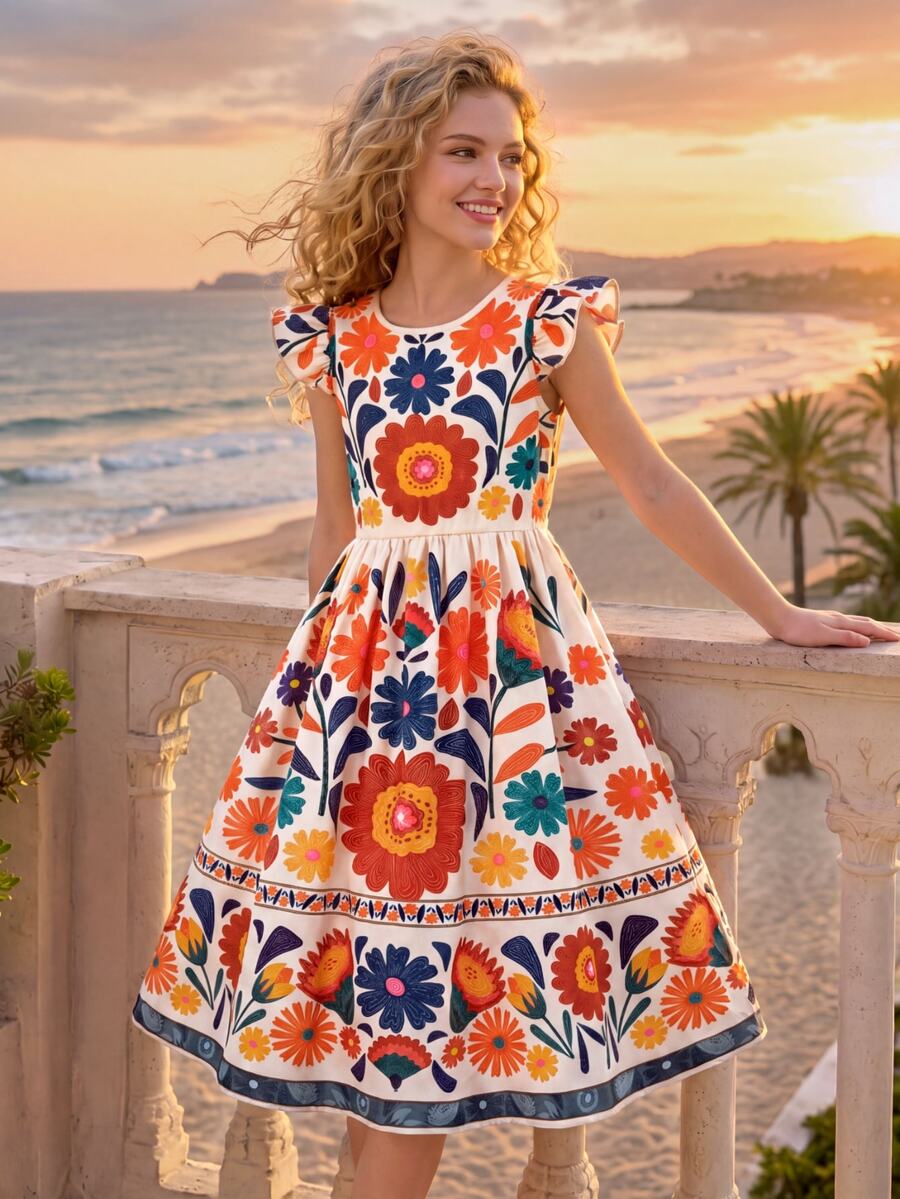 SHEIN Tween Girl Matching Beige Summer Boho Tropical Casual Tropical Vacation Holiday Floral Print Round Neck Cap Sleeve Dress Vacation Vacation