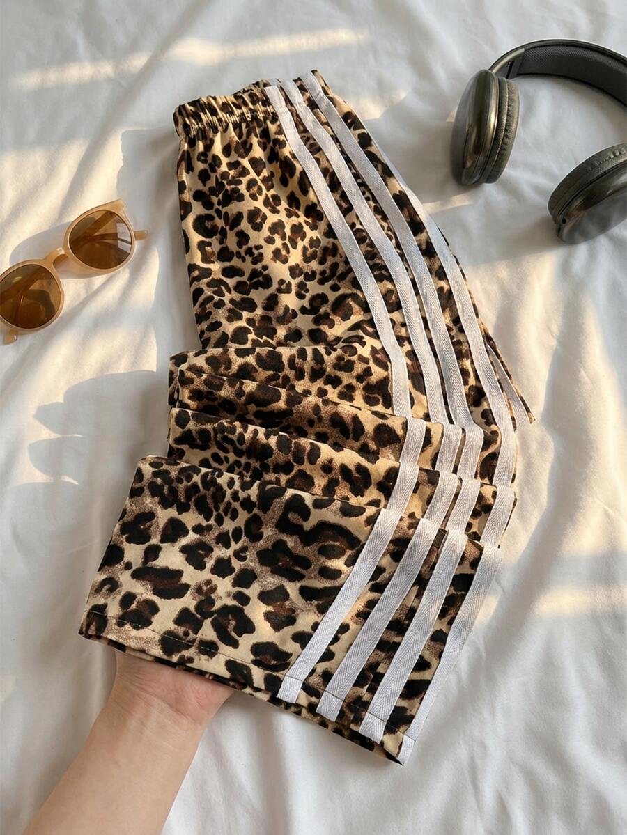 SHEIN Genkimix Kids Young Girl Mommy Matching Casual Athletic Brown Print Loose Straight Leg Pants,Spring Vintage Sporty Contrast Ribbon Bow All-Match Versatile Commute