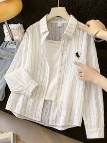 SHEIN Teen Girl Autumn Top Back-To-School White Pinstripe Long Sleeve Button-Down Shirt, Holiday School Sixth Form Casual Streetwear Party Formal - Apricot - View 2