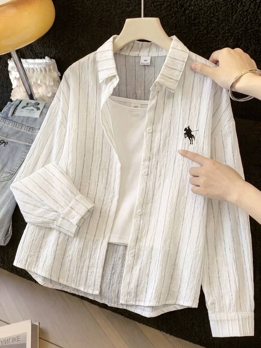 SHEIN Teen Girl Autumn Top Back-To-School White Pinstripe Long Sleeve Button-Down Shirt, Holiday School Sixth Form Casual Streetwear Party Formal