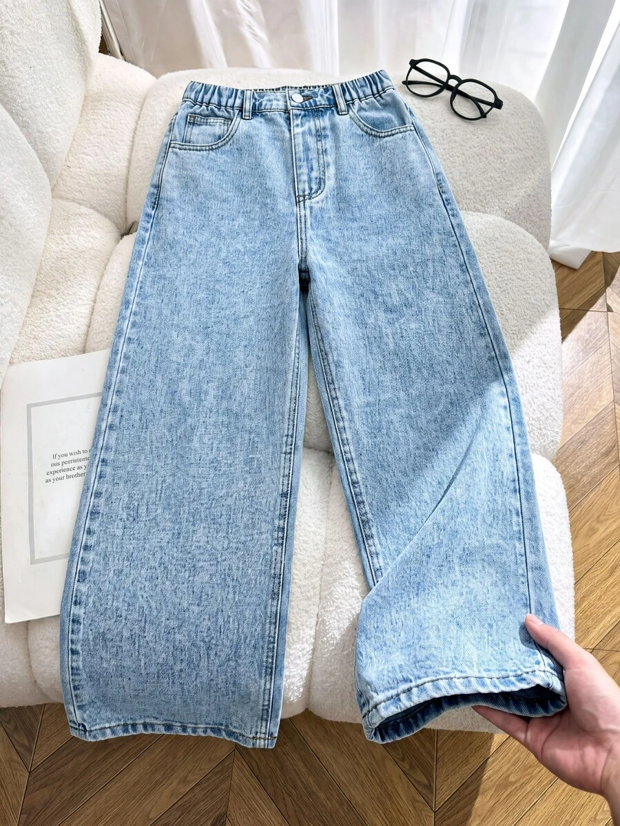 Tween Girls' Pocketed Wide Leg Loose Casual Frayed Hem Jeans, Suitable For Everyday Wear Summer School Sports Light Blue Autumn Winter