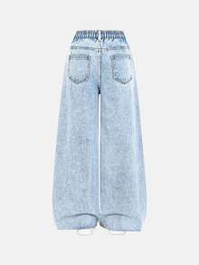 Tween Girls' Pocketed Wide Leg Loose Casual Frayed Hem Jeans, Suitable For Everyday Wear Summer School Sports Light Blue Autumn Winter - Light Wash - View 3