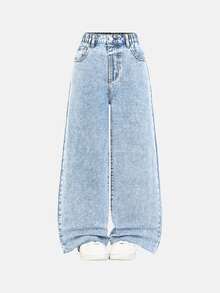 Tween Girls' Pocketed Wide Leg Loose Casual Frayed Hem Jeans, Suitable For Everyday Wear Summer School Sports Light Blue Autumn Winter - Light Wash - View 2