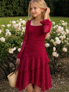 SHEIN Tween Girl 秋季/冬季 優雅米色蕾絲方領喇叭袖多層荷葉邊不對稱下擺收腰長洋裝，適合派對、節日慶祝、優雅場合、返校舞會、正式活動及婚禮賓客穿著 - 紅色 - 查看 3
