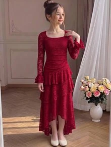 SHEIN Tween Girl 秋季/冬季 優雅米色蕾絲方領喇叭袖多層荷葉邊不對稱下擺收腰長洋裝，適合派對、節日慶祝、優雅場合、返校舞會、正式活動及婚禮賓客穿著 - 紅色 - 查看 5