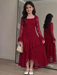 SHEIN Tween Girl 秋季/冬季 優雅米色蕾絲方領喇叭袖多層荷葉邊不對稱下擺收腰長洋裝，適合派對、節日慶祝、優雅場合、返校舞會、正式活動及婚禮賓客穿著 - 紅色 - 查看 1
