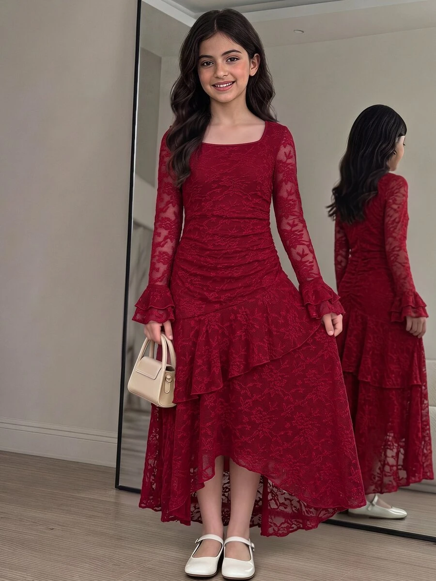 SHEIN Tween Girl 秋季/冬季 優雅米色蕾絲方領喇叭袖多層荷葉邊不對稱下擺收腰長洋裝,適合派對、節日慶祝、優雅場合、返校舞會、正式活動及婚禮賓客穿著 - 紅色 - 查看 1