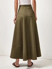 Briarwyn Elegant High Waist Olive Green Fall A-Line Maxi Skirt With Pockets Casual Retro Patchwork Flowy For Women's City Break Vacation Brunch - Army Green - View 2