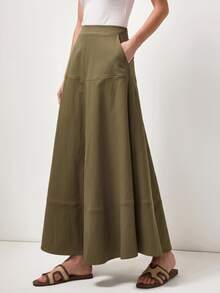 Briarwyn Elegant High Waist Olive Green Fall A-Line Maxi Skirt With Pockets Casual Retro Patchwork Flowy For Women's City Break Vacation Brunch - Army Green - View 4