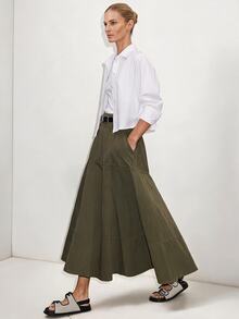 Briarwyn Elegant High Waist Olive Green Fall A-Line Maxi Skirt With Pockets Casual Retro Patchwork Flowy For Women's City Break Vacation Brunch - Army Green - View 1