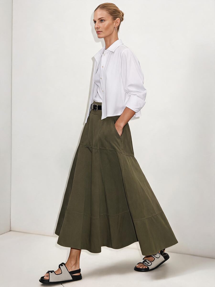 Briarwyn Elegant High Waist Olive Green Fall A-Line Maxi Skirt With Pockets Casual Retro Patchwork Flowy For Women's City Break Vacation Brunch - Army Green - View 1