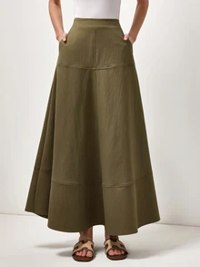 Briarwyn Elegant High Waist Olive Green Fall A-Line Maxi Skirt With Pockets Casual Retro Patchwork Flowy For Women's City Break Vacation Brunch - Army Green - View 3