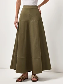 Briarwyn Elegant High Waist Olive Green Fall A-Line Maxi Skirt With Pockets Casual Retro Patchwork Flowy For Women's City Break Vacation Brunch - Army Green - View 6