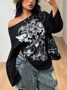 Coolane 女款大尺碼秋冬街頭風 Y2K 休閒約會夜店哥德龐克圖案露肩長袖黑色T恤，萬聖節穿搭 - 黑色 - 查看 8