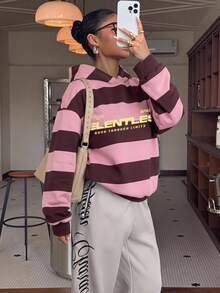 Muchica 休閒街頭風學院風粉色條紋字母印花女款長袖寬鬆連帽衛衣，適合秋季、校園日常、聚會 - 彩色 - 查看 6