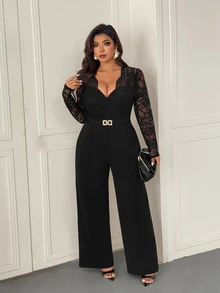 Femmeverse Plus Size Women's Fashion Sexy V-Neck Lace Patchwork Solid Color Jumpsuit Fall - Black - View 4