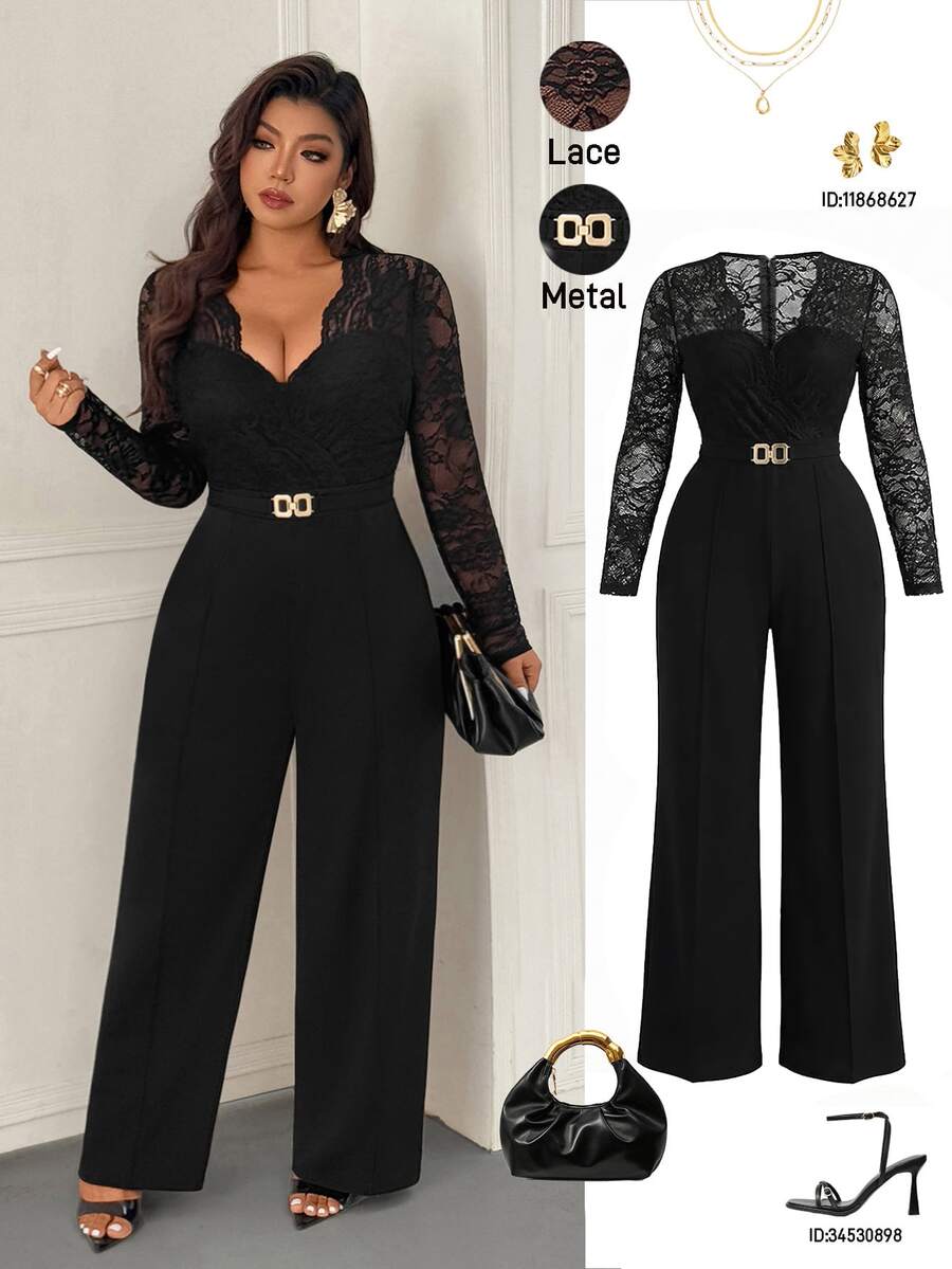 Femmeverse Plus Size Women's Fashion Sexy V-Neck Lace Patchwork Solid Color Jumpsuit Fall - Black - View 1