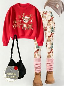 (1套) 少女聖誕帽、馴鹿、聖誕樹、亮片雪花與字母印花圓領運動衫搭配內搭褲 - 彩色 - 查看 5