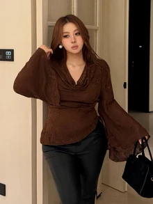 Vibekara Plus Size Cowl Neck Draped Neck Elegant Vintage Cute Textured Jacquard Knit French Minimalist Long Sleeve Flared Sleeve Asymmetrical Design Ruched Fitted T-Shirt - Brown - View 5