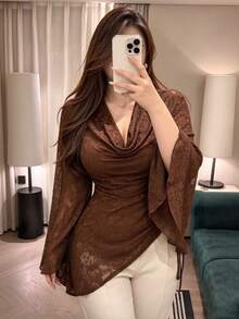 Vibekara Plus Size Cowl Neck Draped Neck Elegant Vintage Cute Textured Jacquard Knit French Minimalist Long Sleeve Flared Sleeve Asymmetrical Design Ruched Fitted T-Shirt - Brown - View 1