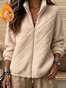 Balvessa Women's Minimalist Fashion Zipper Long Sleeve Jacket For Daily Wear - Apricot - View 4