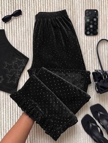 Comfortcana Plus Size Women's Rhinestone Fashion Casual Flare Pants - Black - View 8