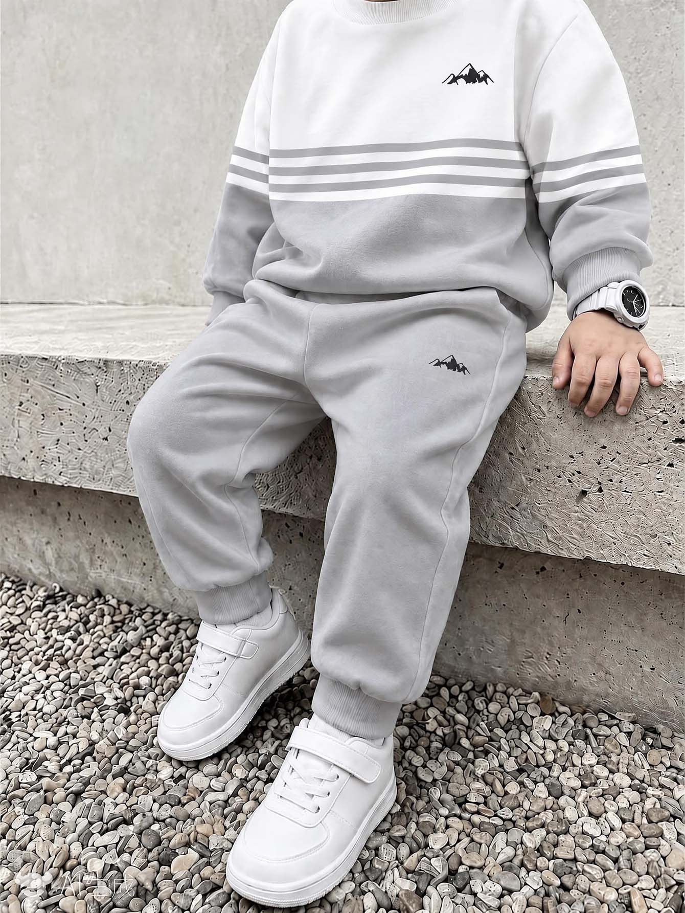 2pcs/Set Young Boy Casual Fashion Comfortable Sweatshirt Set, Digital Print Pattern, Long Sleeve Top, Outfit, Autumn/Winter Wear, Grey And White Crew Neck Sweatshirt And Sweatpants Set - Multicolor - View 1