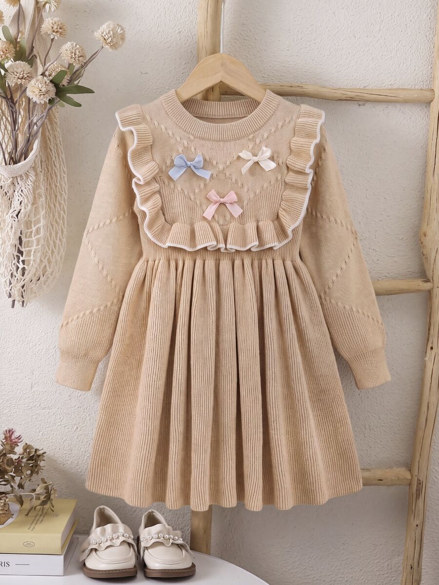 Souflis Souflis Young Girls Brown Bow Sweater Dress, Cute Ruffle Round Neck Long Sleeve Knit Dress Autumn Fall Baby Shower Mommy And Me Princess Baby Doll - Brown - View 1