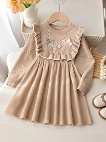 Souflis Souflis Young Girls Brown Bow Sweater Dress, Cute Ruffle Round Neck Long Sleeve Knit Dress Autumn Fall Baby Shower Mommy And Me Princess Baby Doll - Brown - View 3