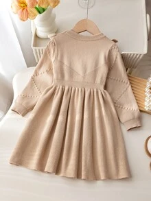 Souflis Souflis Young Girls Brown Bow Sweater Dress, Cute Ruffle Round Neck Long Sleeve Knit Dress Autumn Fall Baby Shower Mommy And Me Princess Baby Doll - Brown - View 2