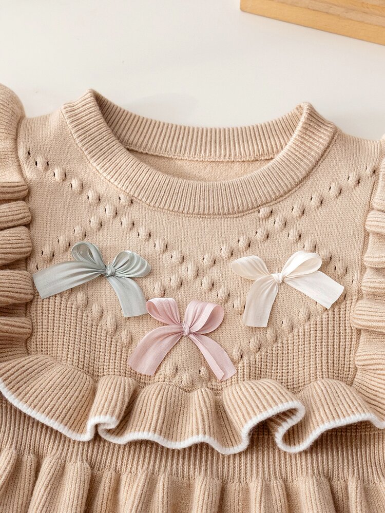 Souflis Souflis Young Girls Brown Bow Sweater Dress, Cute Ruffle Round Neck Long Sleeve Knit Dress Autumn Fall Baby Shower Mommy And Me Princess Baby Doll - Brown - View 4