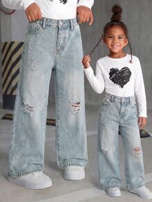 Young Girls Baby Blue Distressed Straight Leg Denim Jeans, 2025 New Back-To-School Wide Leg Baggy Ripped Tween Campus Summer Holiday Pants Cowgirl - Light Wash - View 4