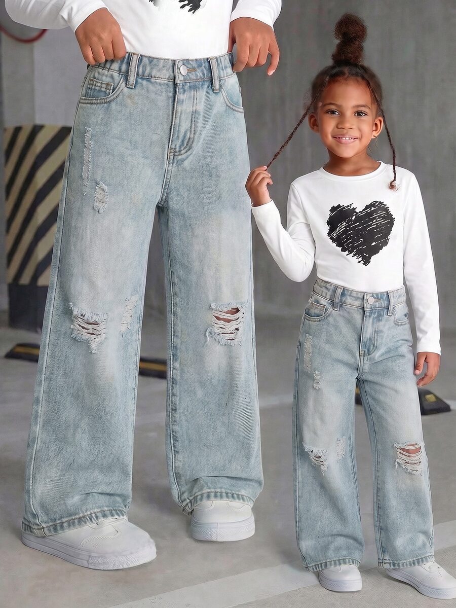 Young Girls Baby Blue Distressed Straight Leg Denim Jeans, 2025 New Back-To-School Wide Leg Baggy Ripped Tween Campus Summer Holiday Pants Cowgirl