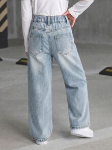Young Girls Baby Blue Distressed Straight Leg Denim Jeans, 2025 New Back-To-School Wide Leg Baggy Ripped Tween Campus Summer Holiday Pants Cowgirl - Light Wash - View 7