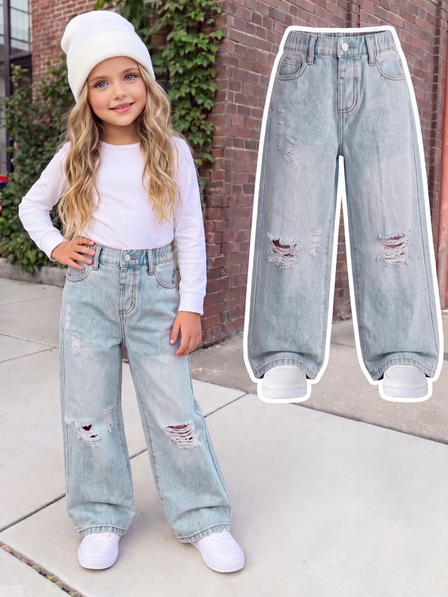 Young Girls Baby Blue Distressed Straight Leg Denim Jeans, 2025 New Back-To-School Wide Leg Baggy Ripped Tween Campus Summer Holiday Pants Cowgirl