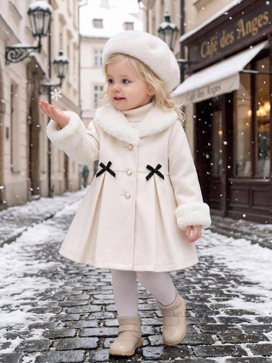 Cozy Pixies جاكيت كاجوال للبنات الصغيرات منسوج بلون موحد مع ياقة من الفرو الاصطناعي لفصلي الخريف والشتاء - بيج - مشاهدة 1