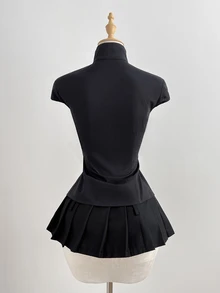 Elamini Black Cotton Mandarin Collar Short Sleeve Fitted Side Slit Shirt, New Chinese Style Retro Chic Commuting Elegant Campus Casual Versatile - Black - View 2