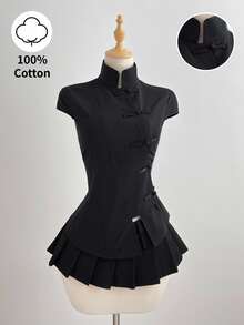 Elamini Black Cotton Mandarin Collar Short Sleeve Fitted Side Slit Shirt, New Chinese Style Retro Chic Commuting Elegant Campus Casual Versatile - Black - View 4