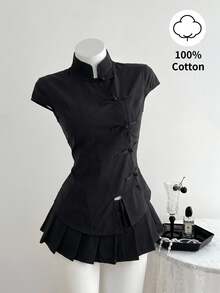 Elamini Black Cotton Mandarin Collar Short Sleeve Fitted Side Slit Shirt, New Chinese Style Retro Chic Commuting Elegant Campus Casual Versatile - Black - View 3