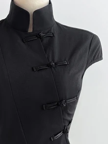 Elamini Black Cotton Mandarin Collar Short Sleeve Fitted Side Slit Shirt, New Chinese Style Retro Chic Commuting Elegant Campus Casual Versatile - Black - View 7
