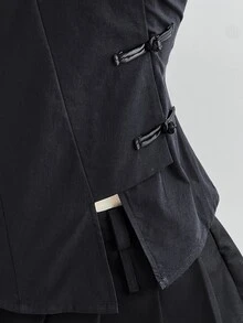 Elamini Black Cotton Mandarin Collar Short Sleeve Fitted Side Slit Shirt, New Chinese Style Retro Chic Commuting Elegant Campus Casual Versatile - Black - View 8