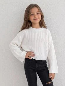 SHEIN Tween女孩簡單秋冬休閒百搭日常純色毛衣童裝 - 白色 - 查看 2