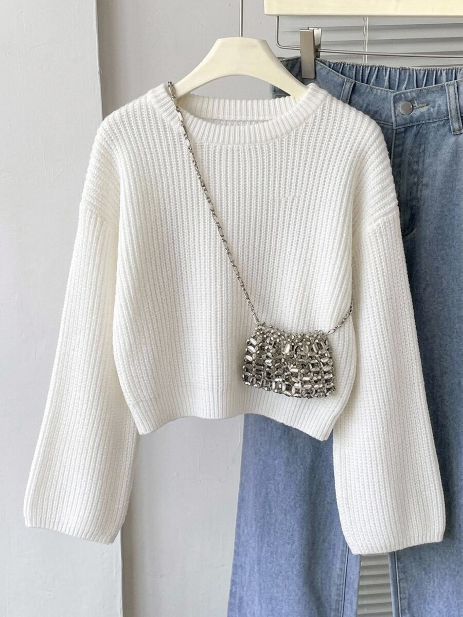 SHEIN Tween女孩簡單秋冬休閒百搭日常純色毛衣童裝 - 白色 - 查看 1
