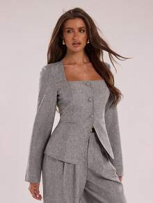 SHEIN BAE Unique Neckline Design Single-Breasted Suit Jacket For Women In Autumn And Winter, Suitable Commuting, Casual Versatile Item, Gray Jacket.,Fall - Grey - View 3