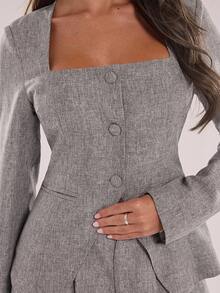SHEIN BAE Unique Neckline Design Single-Breasted Suit Jacket For Women In Autumn And Winter, Suitable Commuting, Casual Versatile Item, Gray Jacket.,Fall - Grey - View 6