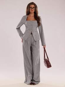SHEIN BAE Unique Neckline Design Single-Breasted Suit Jacket For Women In Autumn And Winter, Suitable Commuting, Casual Versatile Item, Gray Jacket.,Fall - Grey - View 4