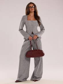 SHEIN BAE Unique Neckline Design Single-Breasted Suit Jacket For Women In Autumn And Winter, Suitable Commuting, Casual Versatile Item, Gray Jacket.,Fall - Grey - View 7