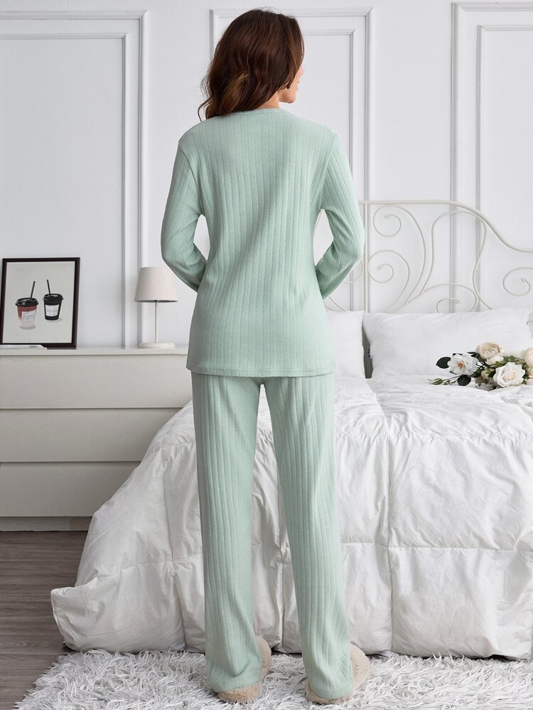 SHEIN 2pcs Cute Kitty Heart Embroidery Long Sleeve Lounge Set Soft Rib Knit Round Neck Top & Full Length Bottoms Pajama Set For Women Cute - Grey - View 2