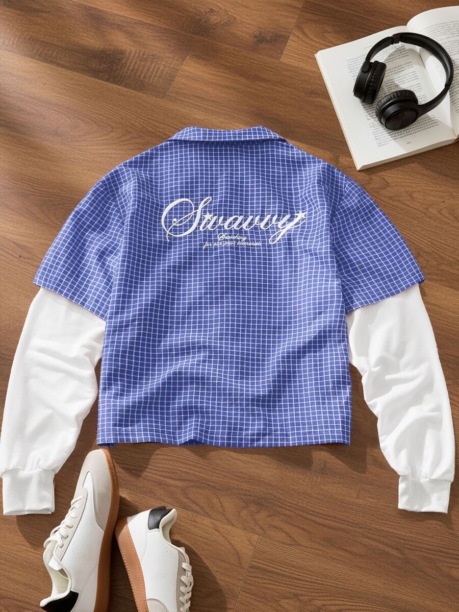 SWAVVY Men's Patchwork Plaid Long Sleeve Casual 2 In 1 Shirt - Blue - View 1