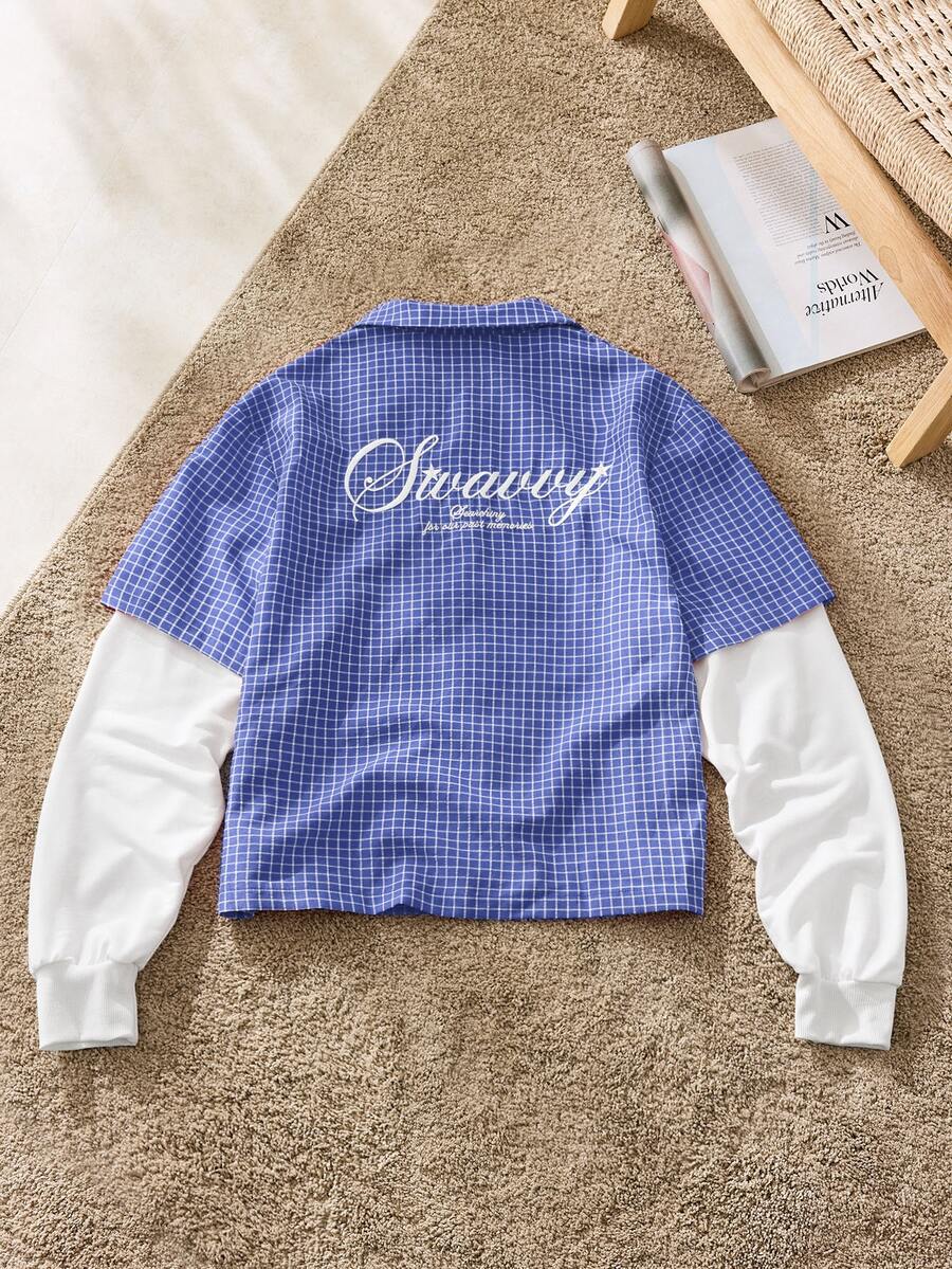 SWAVVY Men's Patchwork Plaid Long Sleeve Casual 2 In 1 Shirt - Blue - View 1